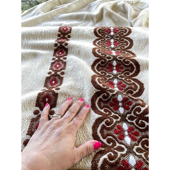 Vintage 70s curtain, beige with textured brown, brick red stripe, pleated panel - Picture 6 of 9